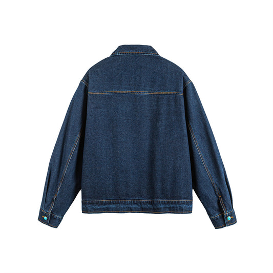 Turquoise Button Design Loose Casual Washed Denim Jacket