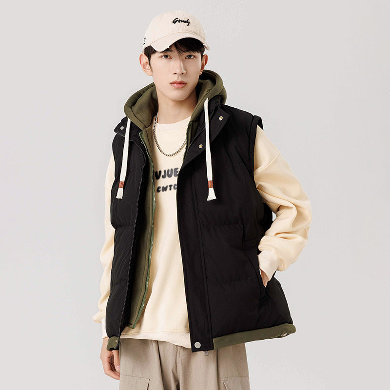 Hooded Down Cotton Faux Two-Piece Vest