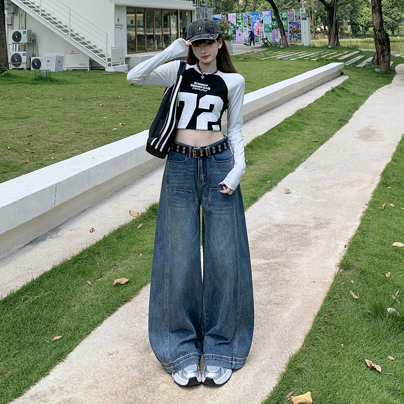 High-Waist Loose Fit Slimming Versatile Washed Floor-Length Wide-Leg Jeans for Women