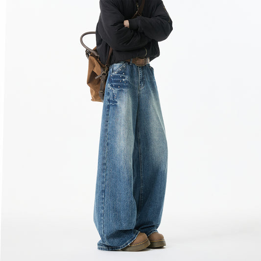 Retro Washed Denim Men's Straight Leg Loose Rivet Pants