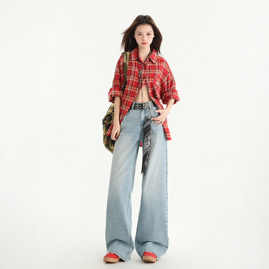 High Street Straight Leg Loose Drape Wide Leg Jeans for Women