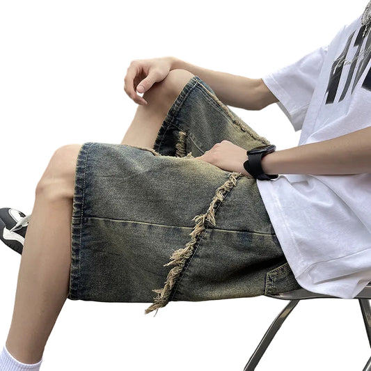 Men's Retro Fringed Denim Shorts