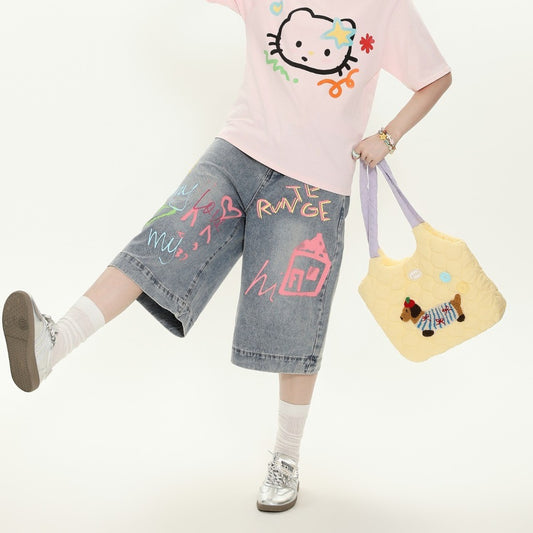 Men's Hand-Painted Colorful Graffiti Denim Pants