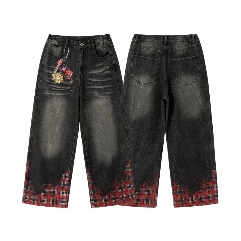 Hanging Chain Plaid Printed Loose Washed Wide Leg Denim Pants