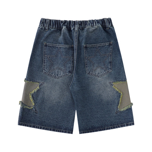 Men's Star-Embroidered Loose Fit Denim Shorts