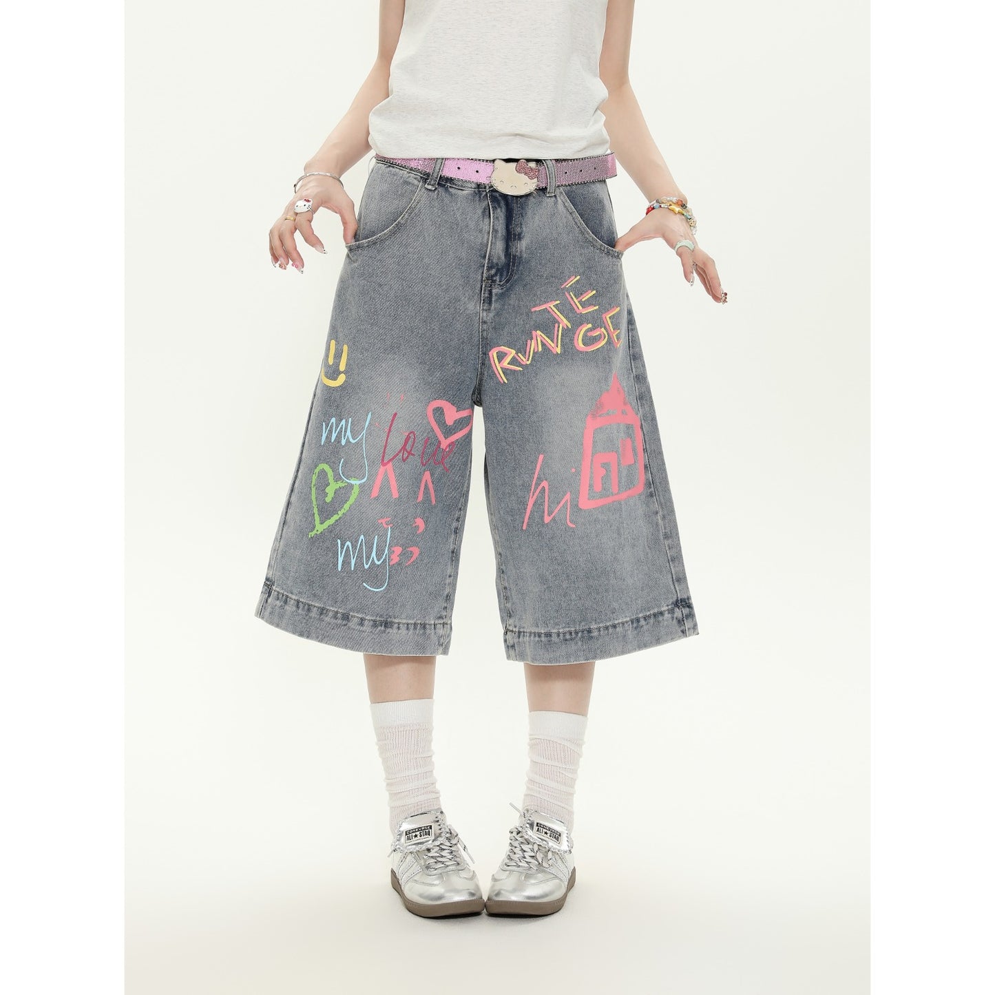 Men's Hand-Painted Colorful Graffiti Denim Pants