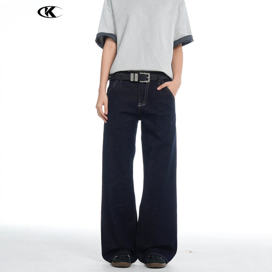 Unisex Dark Blue Denim Pants - Water Washed, Faded, Slimming, Straight Fit Casual Trousers