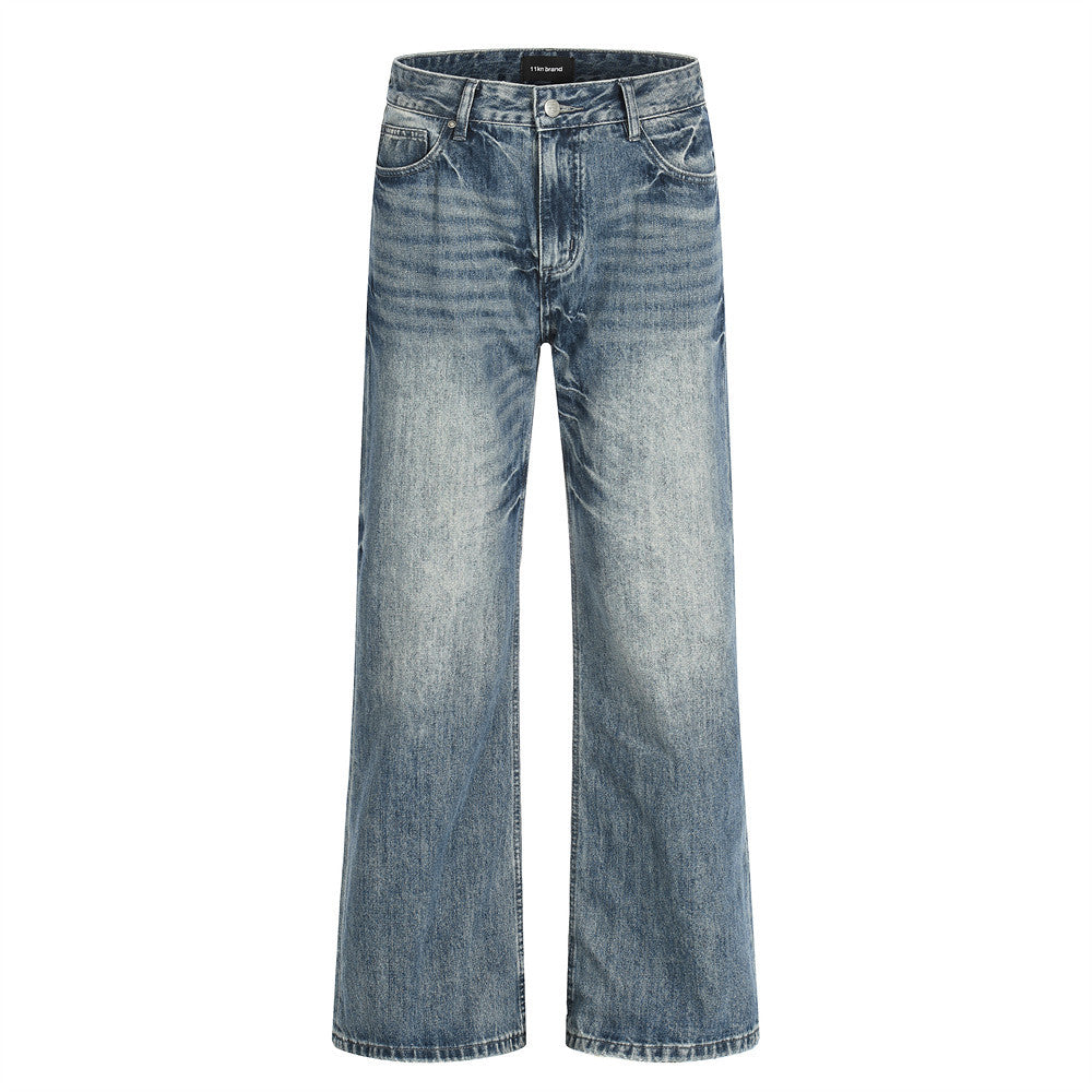 Washed Blue Mid-Rise Straight-Leg Denim Jeans — Street Style
