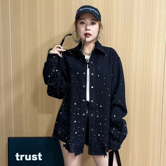 Heavy Industry Hot Diamond Denim Jacket for Women - Washed Retro Loose Top