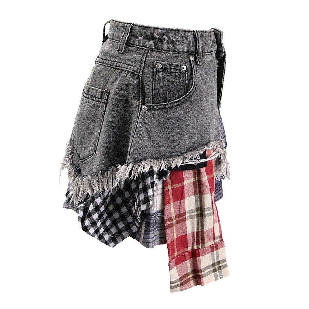 Women's Summer Denim Skirt - Irregular Plaid High Waisted Short Skirt
