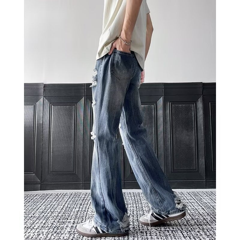 Lightning Pattern Ripped Denim Wide Leg Pants - Premium Japanese Craftsmanship