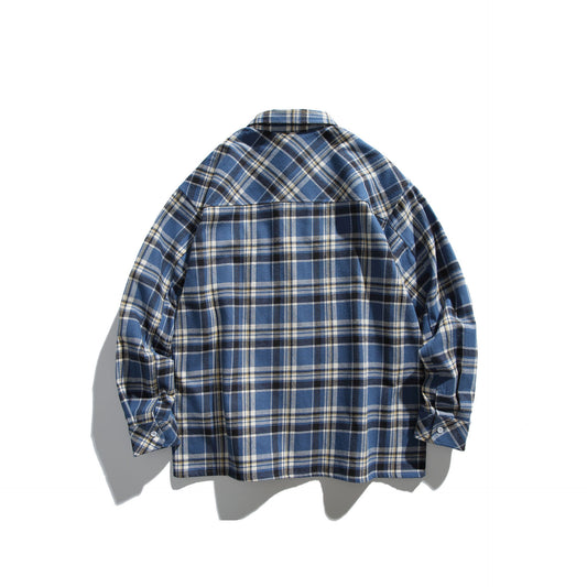 Loose Fitting Plaid Long Sleeved Shirt - Retro Japanese Work Shirt