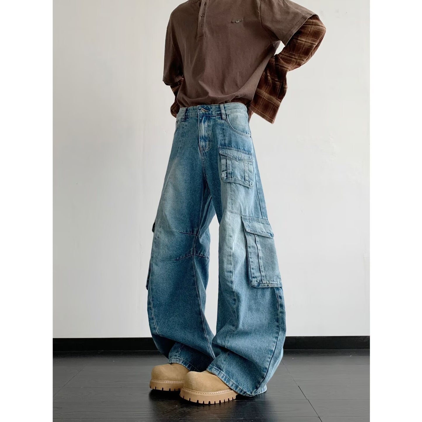 Multi Pocket Curved Knife Denim Loose Wide Leg Work Pants