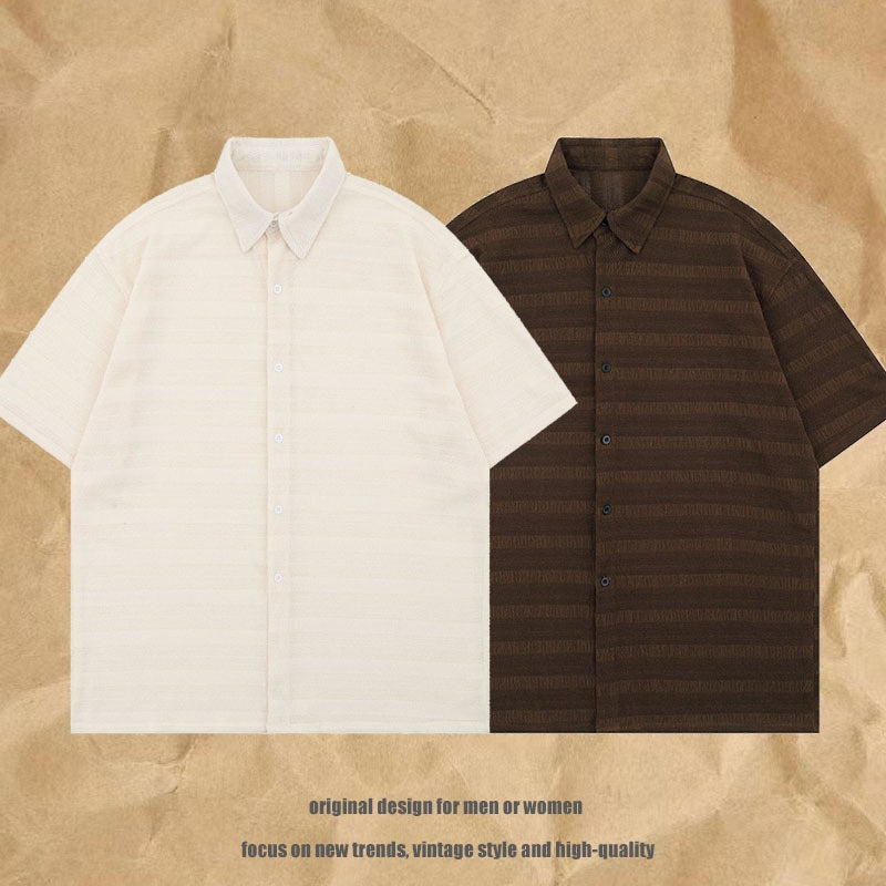 Textured Short Sleeve Shirt - Solid Color - Loose Fit