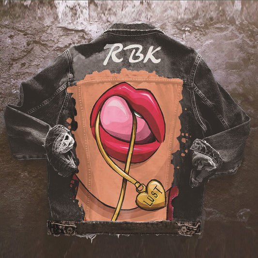 Women's Denim Jacket with Tongue Out Print