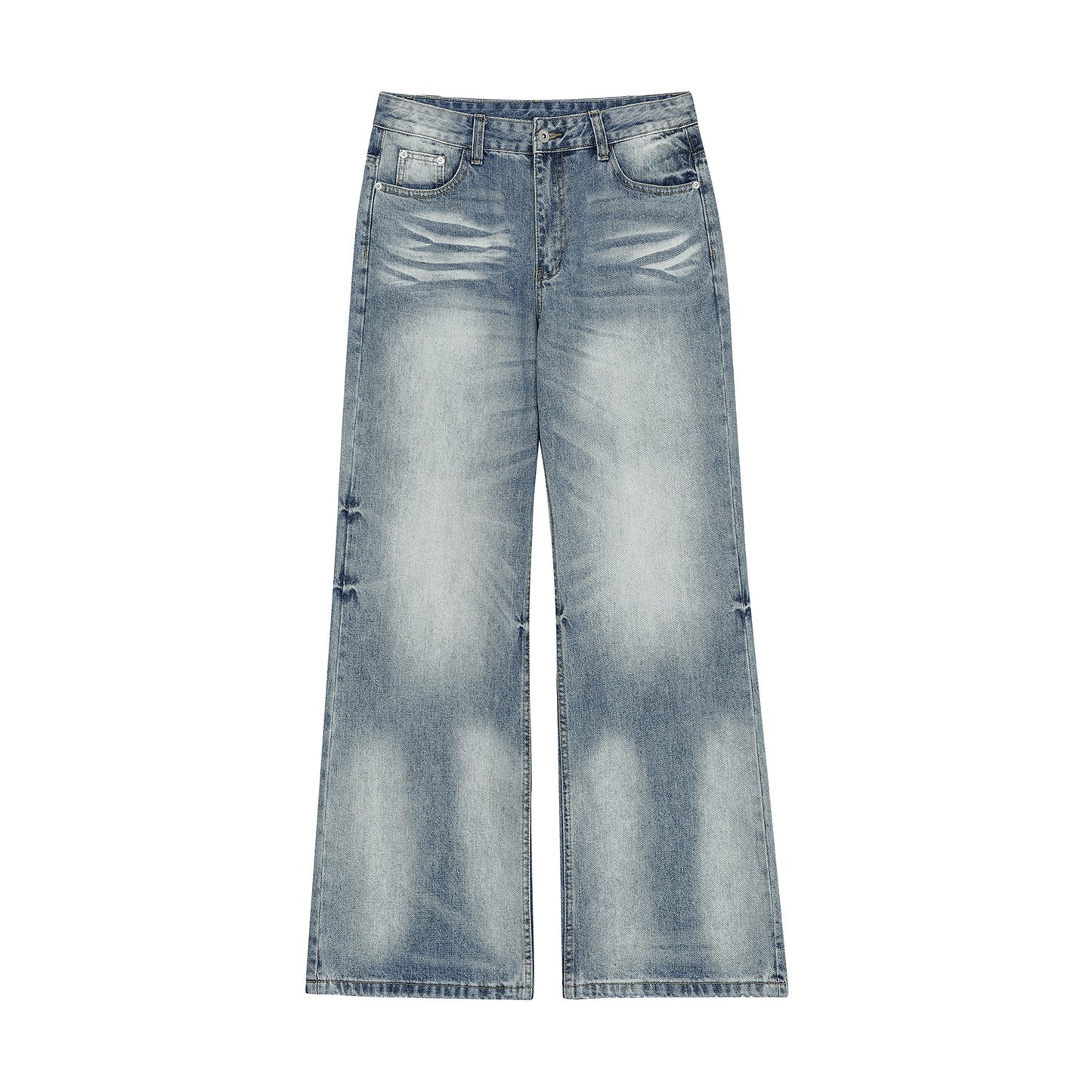 Vintage Street Cat-Whisker Pattern Loose Fit Men's Washed Blue Flared Jeans