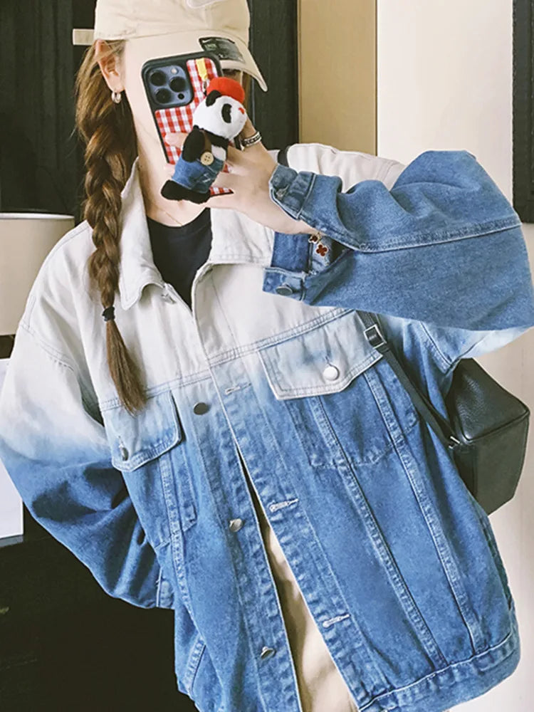 Gradient Blue Denim Jacket for Women – Stylish Long Sleeve Loose Streetwear Coat