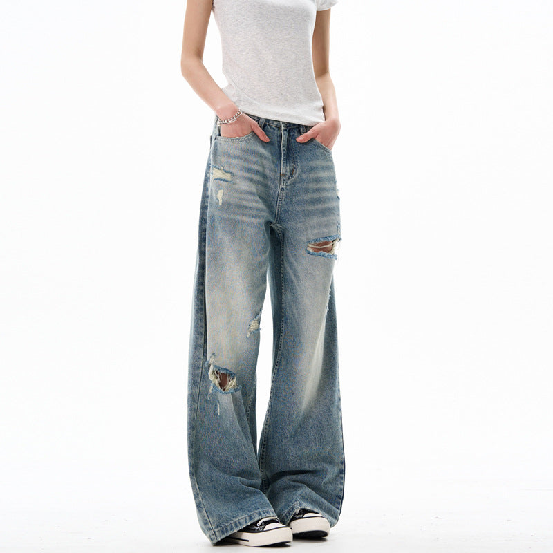 Loose Casual Ripped Straight Leg Wide Leg Pants