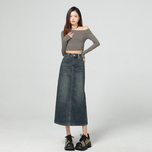 Women's Vintage Blue Slimming Denim Skirt with Slit Design