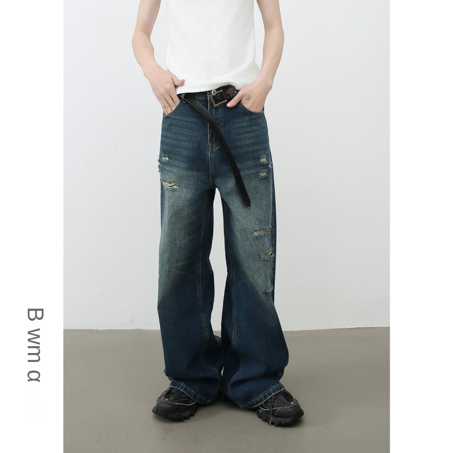 Wide-Leg Distressed Denim Trousers for Men - Loose Straight Vintage Floor-Length Pants