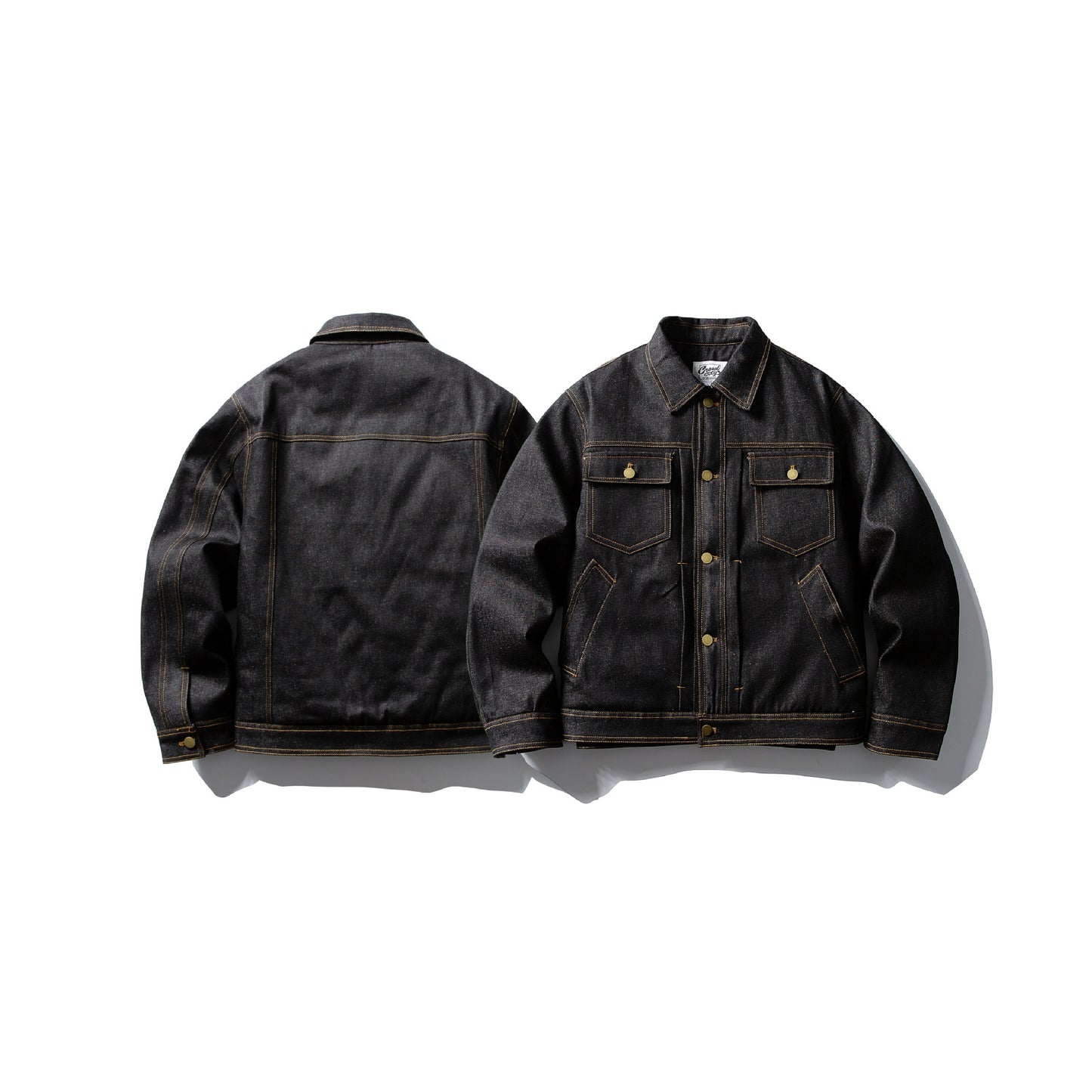 Men's black denim jacket featuring gold buttons and two front pockets, stylish and versatile.