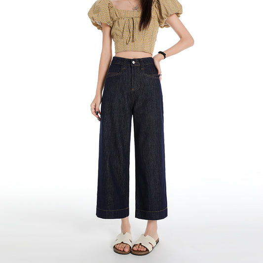 Women's Denim Blue Wide-Leg Slimming Jeans - Multi-Purpose Loose Fit