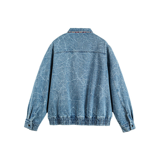 Versatile Casual Zipper Denim Jacket with Cracked Wash