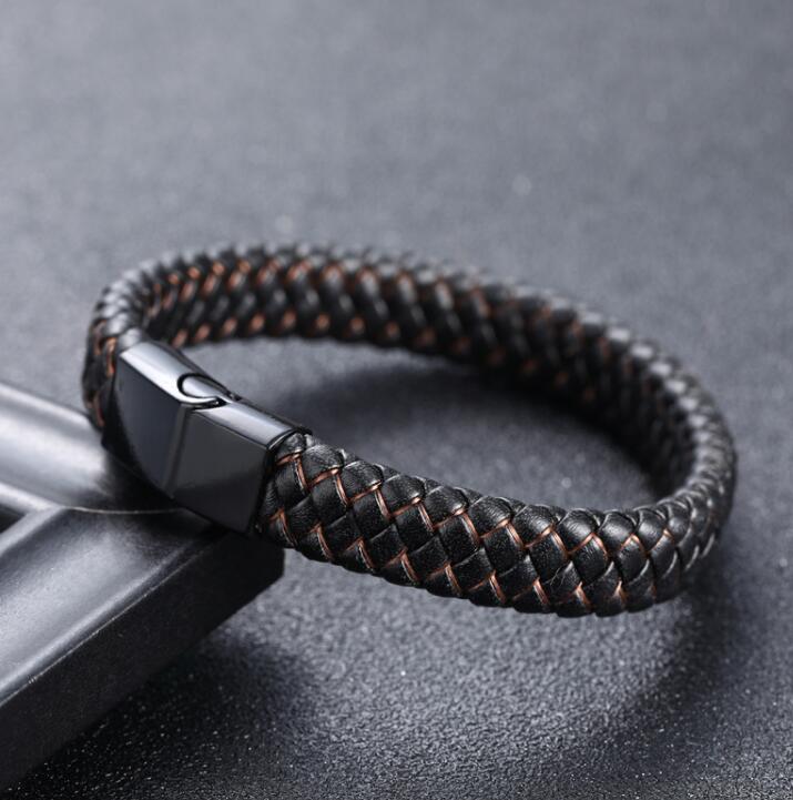 Braided Black Blue Leather Bracelet for Men with Stainless Steel Magnetic Clasp