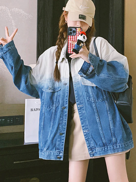 Gradient Blue Denim Jacket for Women – Stylish Long Sleeve Loose Streetwear Coat