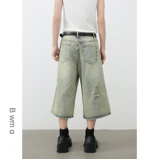 Retro Distressed Denim Shorts for Men | Loose Fit Straight Leg Capri Pants