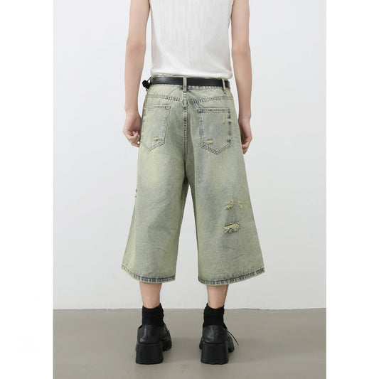 Distressed Denim Shorts for Men | Loose Fit Straight Leg Capri Pants