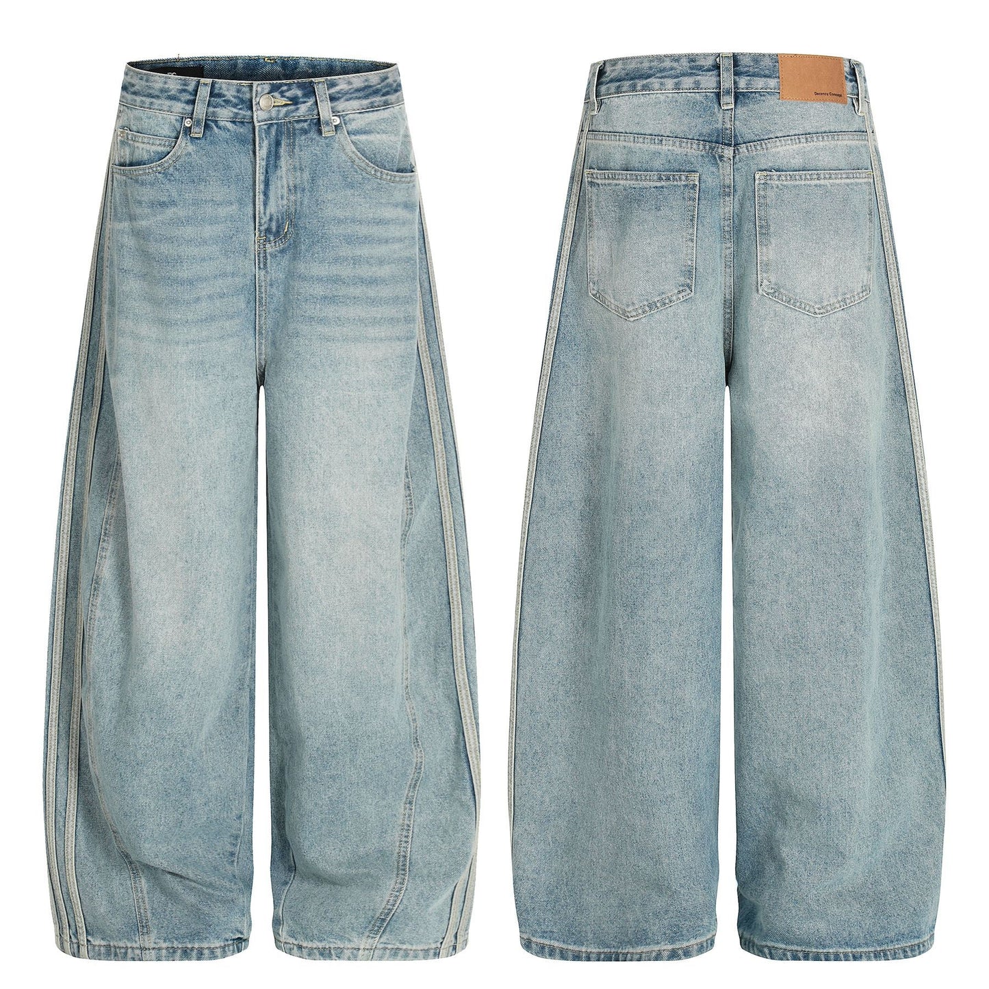 Vintage Washed Blue Side Stripe Design Unisex Loose Wide-Leg Jeans