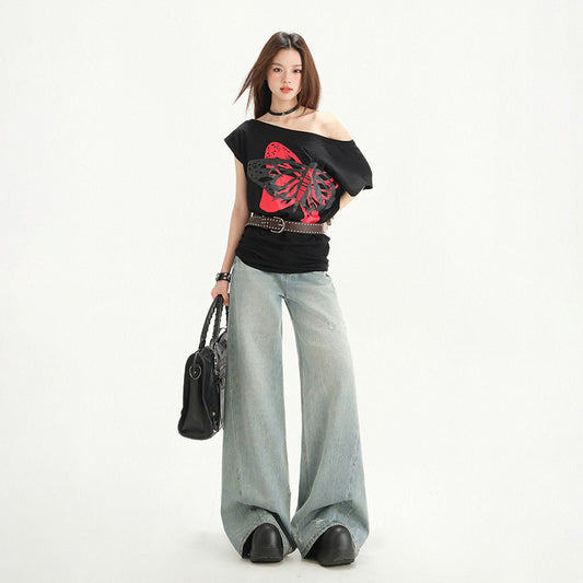 Light Blue Washed Wide-Leg Floor-Length Pants - High Street Loose Fit