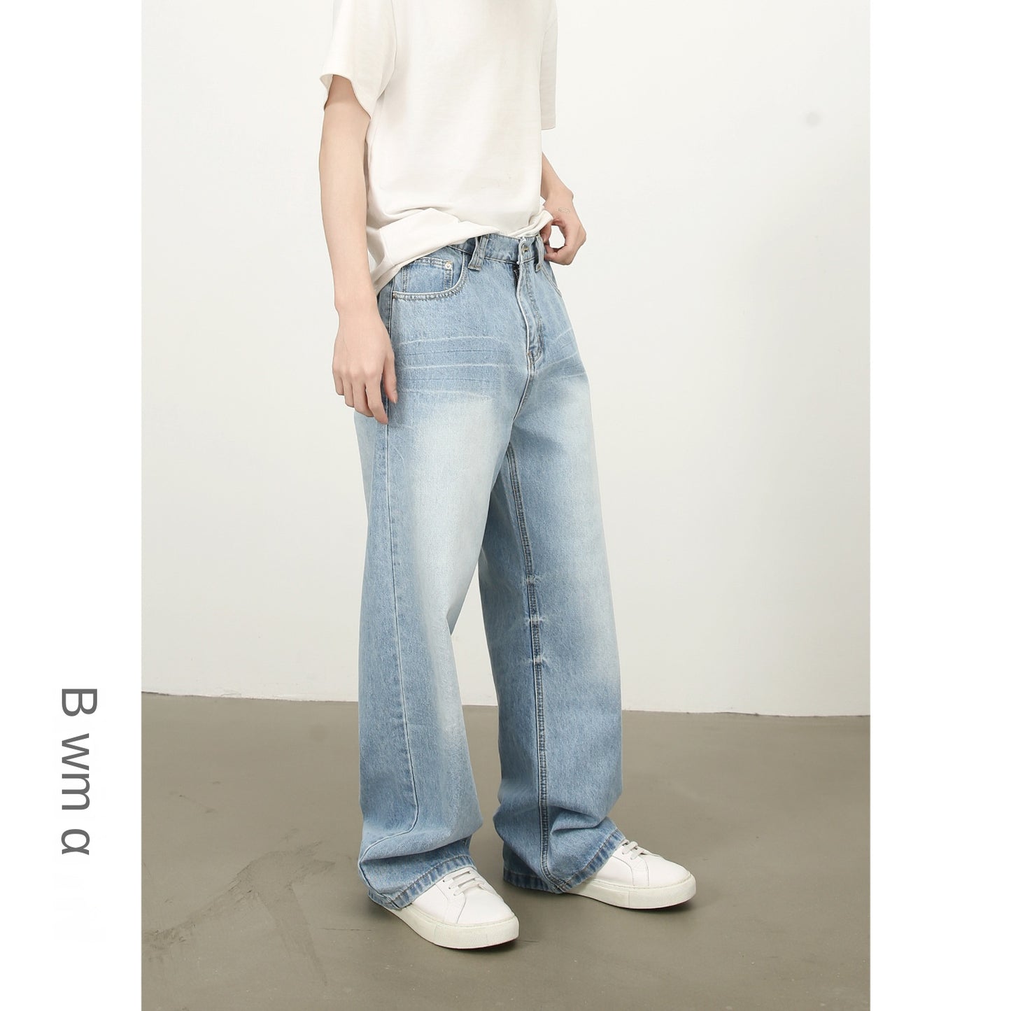 American Basic Versatile Retro Washed Semi-Elastic Waist Loose Wide-Leg Jeans