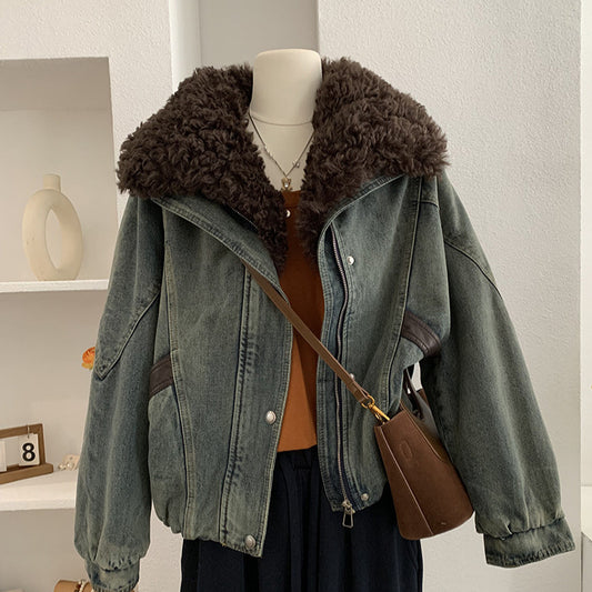 Vintage Long Sleeve Lamb Wool Denim Coat for Women with Big Turn-Down Collar, Oversized Style, Winter Fashion Outerwear