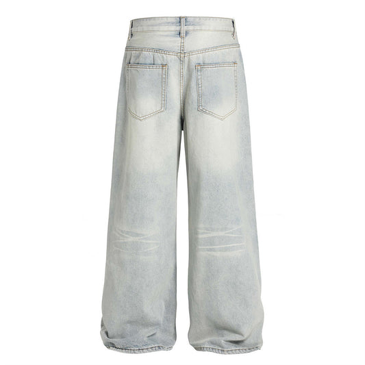 American Cleanfit Washed Denim Long Pants - Men's Vintage Street Fashion Loose Straight Leg Distressed Trousers