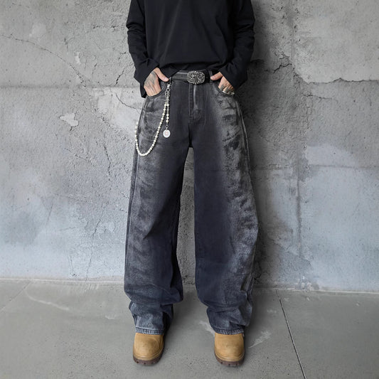 Hip-Hop Denim Pants for Men and Women, High-Quality Oversized Splatter Print Straight Leg Pants