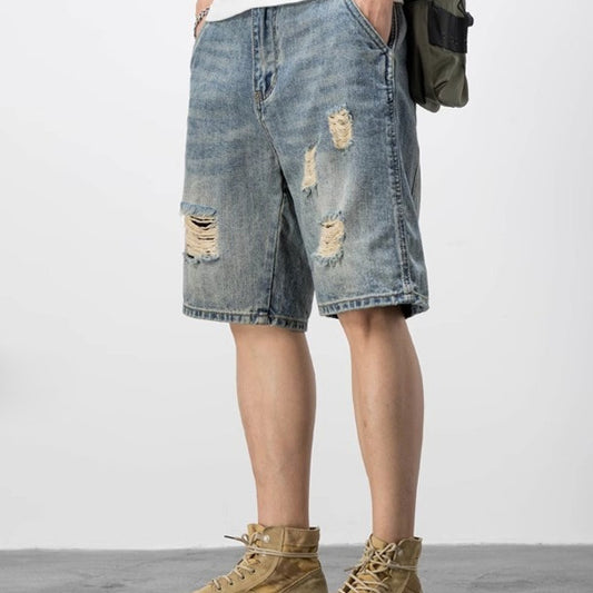 Men's Distressed Denim Shorts - Loose Fit Korean Style