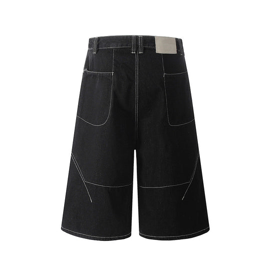 Loose Denim Shorts with Visible Thread Decoration - Black