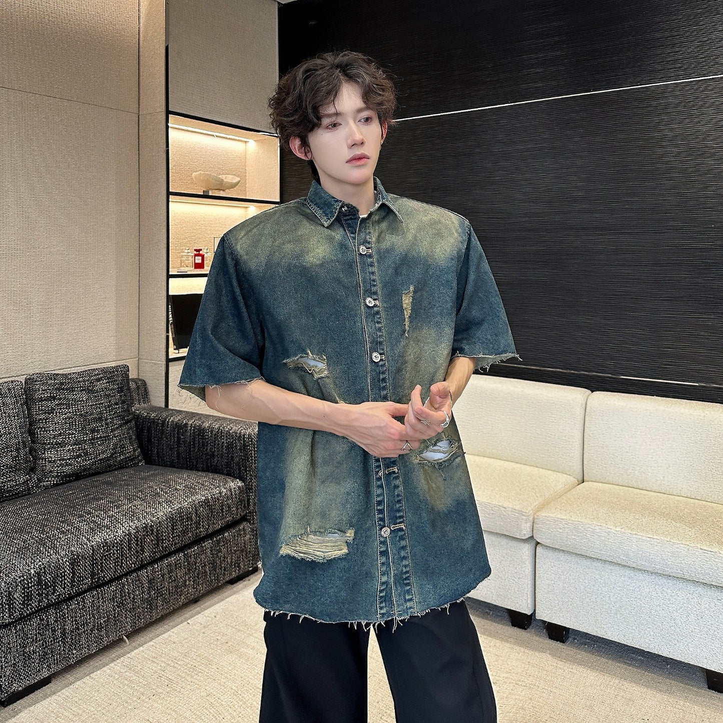 Short-Sleeved Ripped Denim Jacket with Shoulder Pads