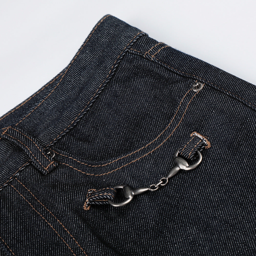 Black Cotton Denim Straight Leg Pants — Mid Rise, Zipper Fly, Street Style