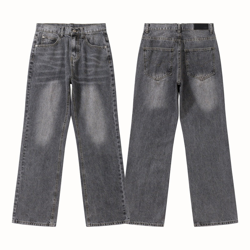 Retro Washed Vintage Smoky Gray Denim Pants - Unisex Loose Straight Leg All-Match Long Pants