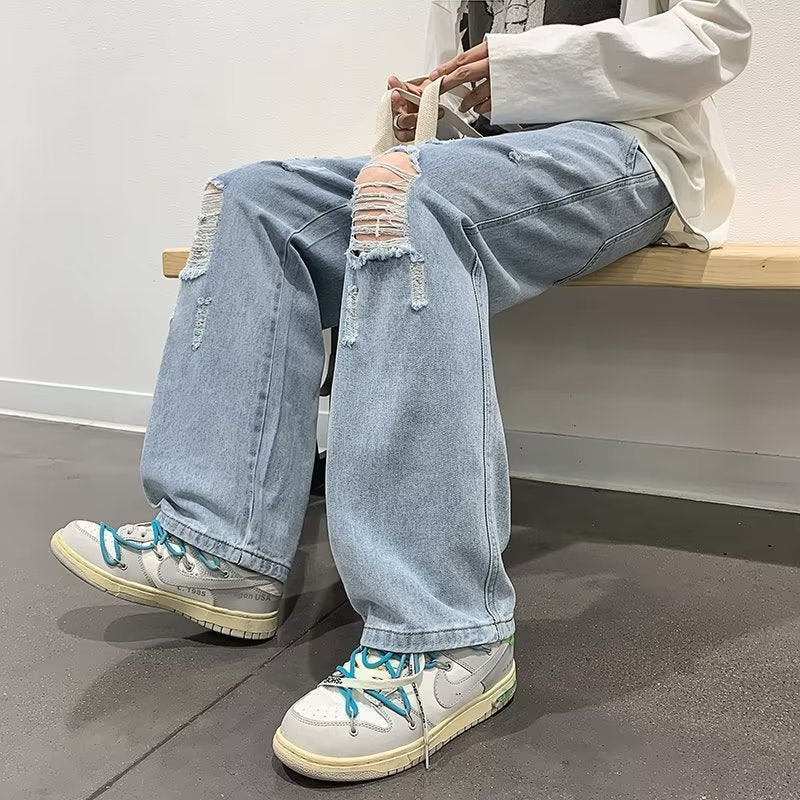 Men's Ripped Summer Jeans - Thin Fit Loose Straight Wide Leg