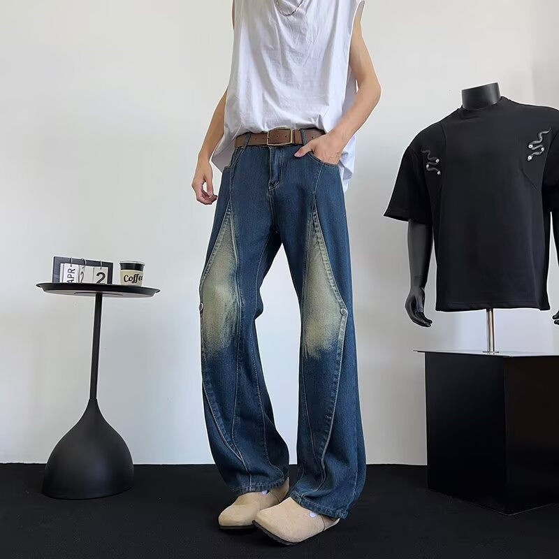 Small Niche Patchwork Design Washed Loose Wide Leg Pants