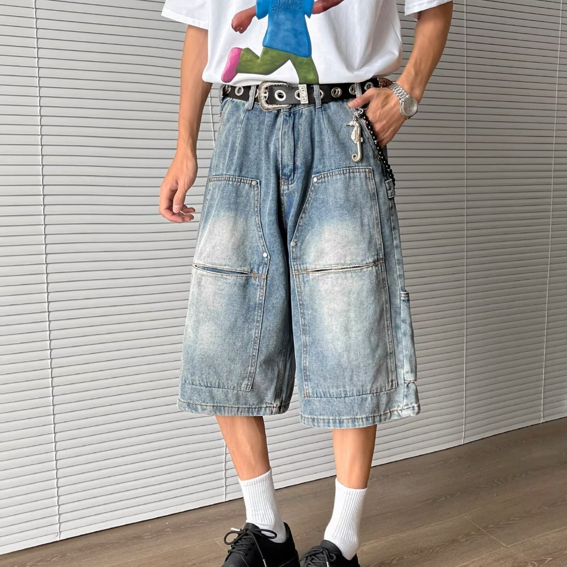 Stylish Multi Pocket Wide Leg Cropped Pants in Washed Blue Denim