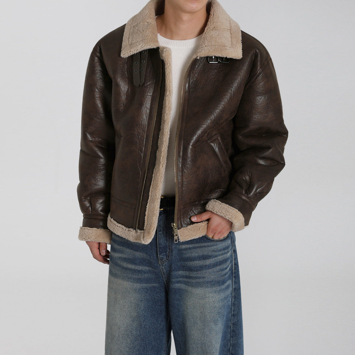 Faux Lamb Wool Turn-Down Collar PU Leather Cotton Coat Men Winter Loose Warm Thickened Cotton Jacket Commuter Outfit