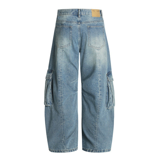 American High Street Vintage Washed Multi-Pocket Workwear Jeans for Men