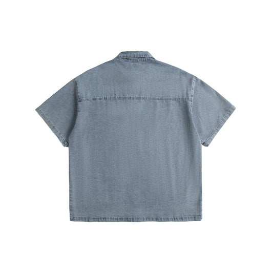 Retro Washed Vintage Adhesive Fabric Multi-Pocket Denim Shirt for Men