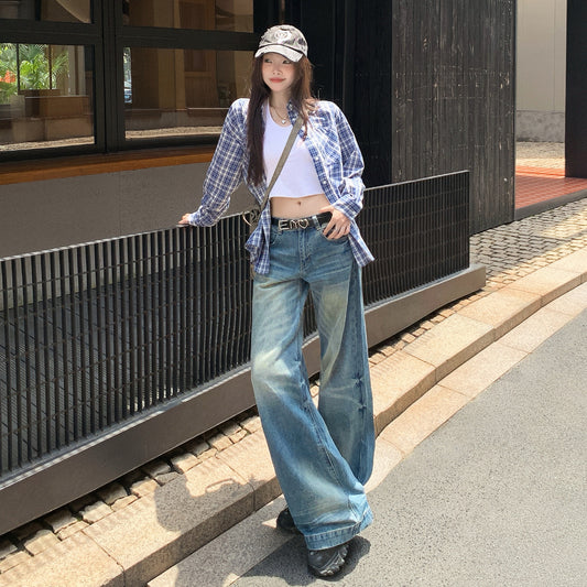 Washed Denim Pants for Women - Loose Fit High Waist Anti-Wrinkle Slim Wide Leg Long Pants