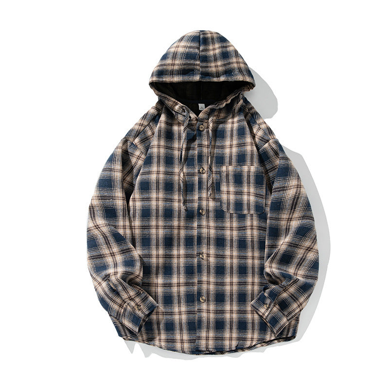 Color Blocked Plaid Hooded Long Sleeved Shirt for Men